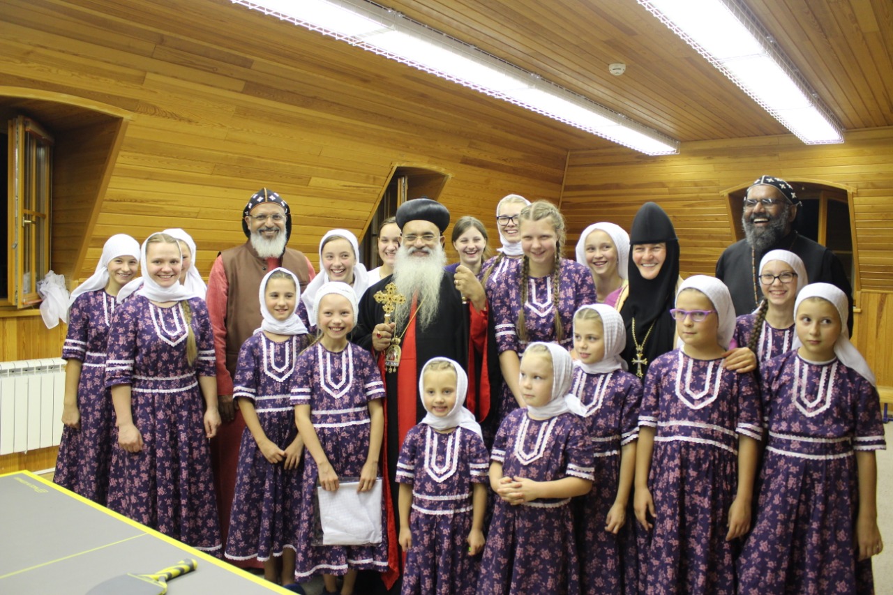Mother Feofania and the Little Flowers of the Convent where St. Matrona is interred, welcomed His Holiness with the songs of their heart